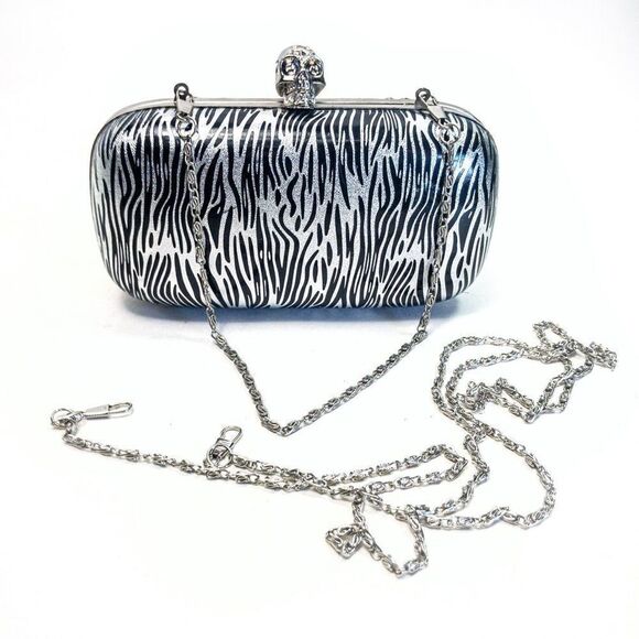 Kate Landry Silver Skull Zebra Hardshell Clutch Evening Bag - Picture 4 of 12